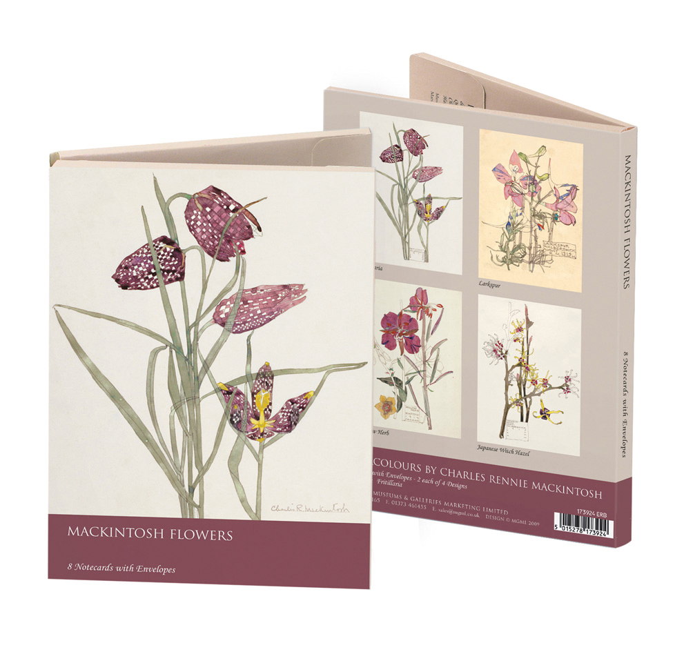 Charles Rennie Mackintosh Notelets 'Fritillaria', 'Larkspur', 'Willow Herb', 'Japanese Witch Hazel' 2 x 4 designs